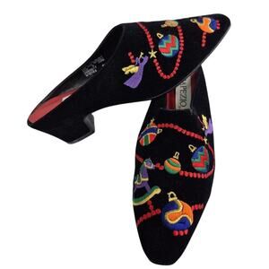 VTG 80s Capezio Black Velvet Holiday Mules Heels Holiday Themed  Sz 9